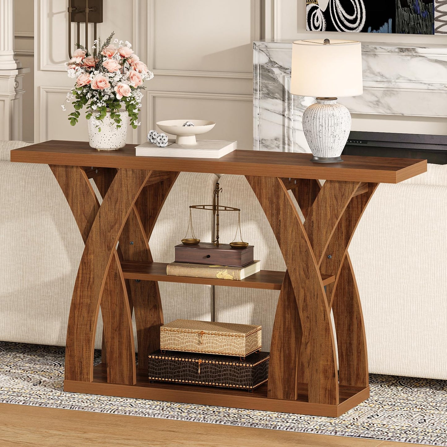 Tarnorci Console Tables, 55‘’ Narrow Walnut Console Table 3-Tier Farmhouse Wood Entryway Table for Living Room, Hallway, Foyer (Brown)