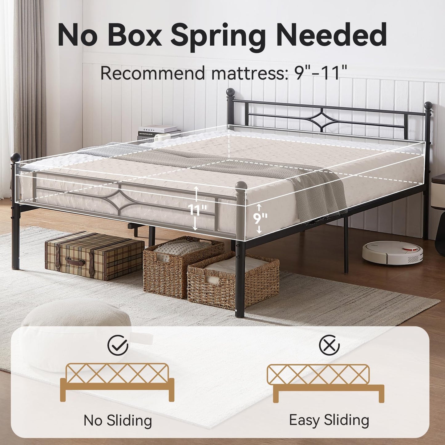 BedsPick Queen Size Metal Bed Frame with Headboard and Footboard, Platform Bed Frame with Premium Steel Slats Support/12.5'' Under Bed Storage Space/No Box Spring Needed/Noise Free/Easy Assembly/Black
