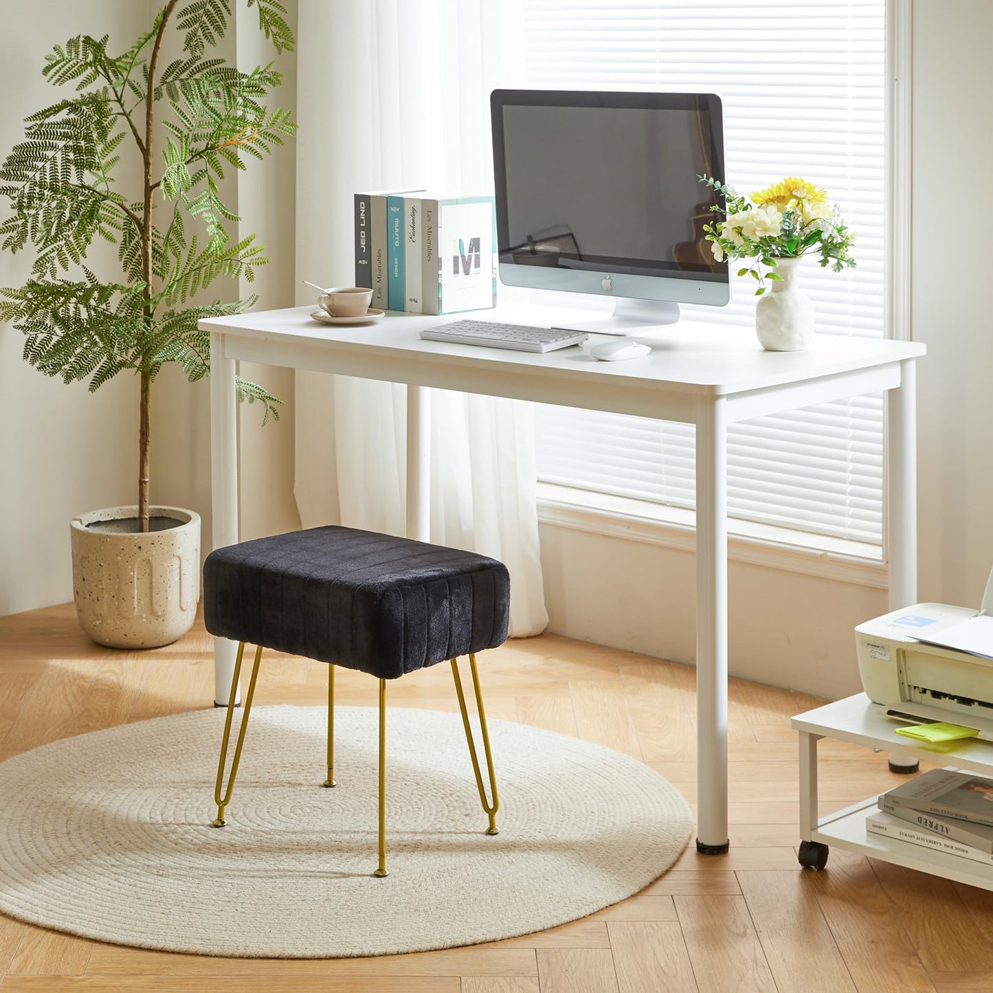 IBUYKE Velvet Rectangular Footrest Ottoman, Makeup Vanity Stool Side Table, Dressing Table Seat, Pouf Couch Stool, Golden Steel Legs, Black LG-51B