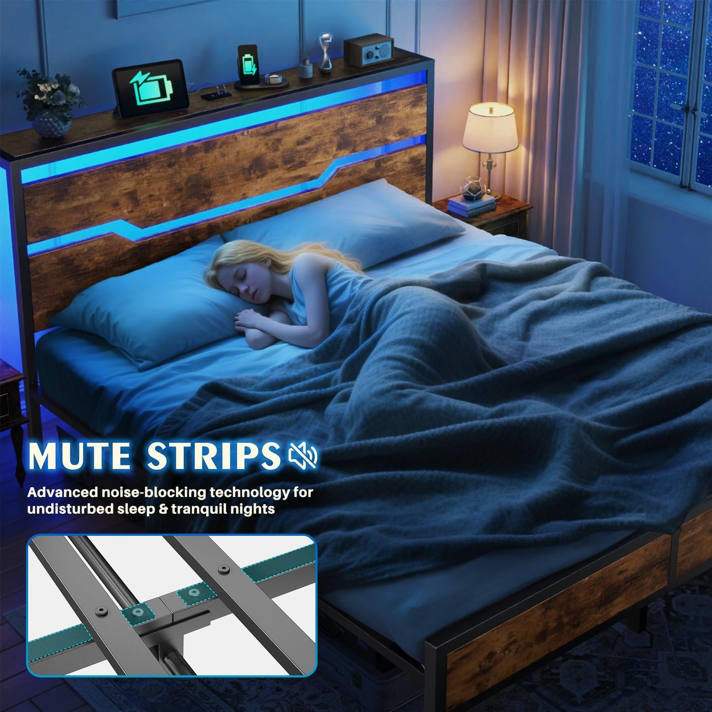 Homkdom Queen Bed Frame with Headboard,Queen Size Bed Frame with LED Lights & Charging Station & 13" Under Bed Storage, All-Metal Support System, No Box Spring Needed, Easy Assembly,Rustic Brown