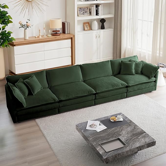 mikibama Luxury Modular Sectional Sofa, 146.5" Modern Chenille Comfy Cloud Couches for Living Room Office, 4 Seater Deep Sofa with 2 Armrest Pillows and 4 Toss Pillows, Evergreen