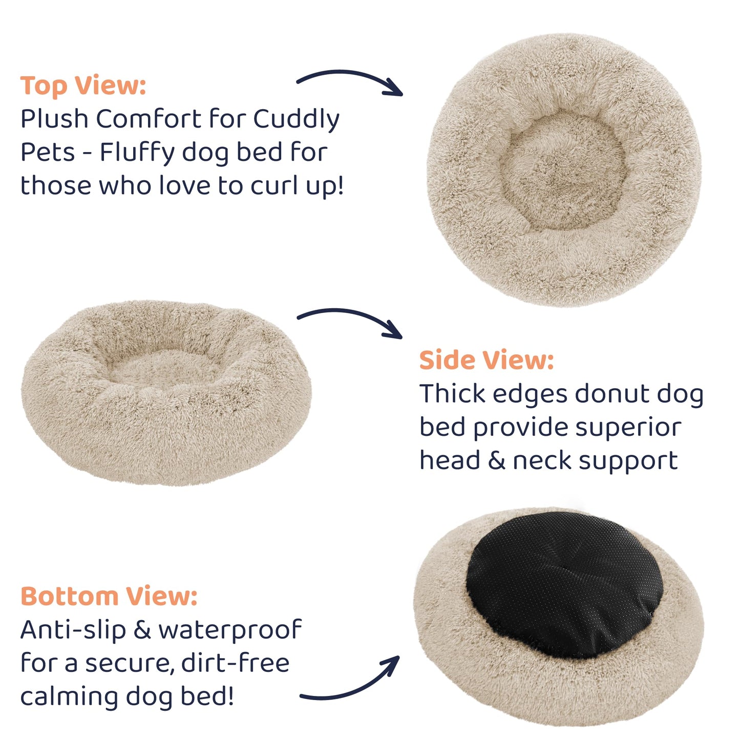 Petloox Donut Dog Bed - Premium Comfort for Anxiety Relief - Fluffy & Calming Design with Ultra-Plush Support | Cozy Round Dog Bed with Super Soft Circle Style (Size L Beige)