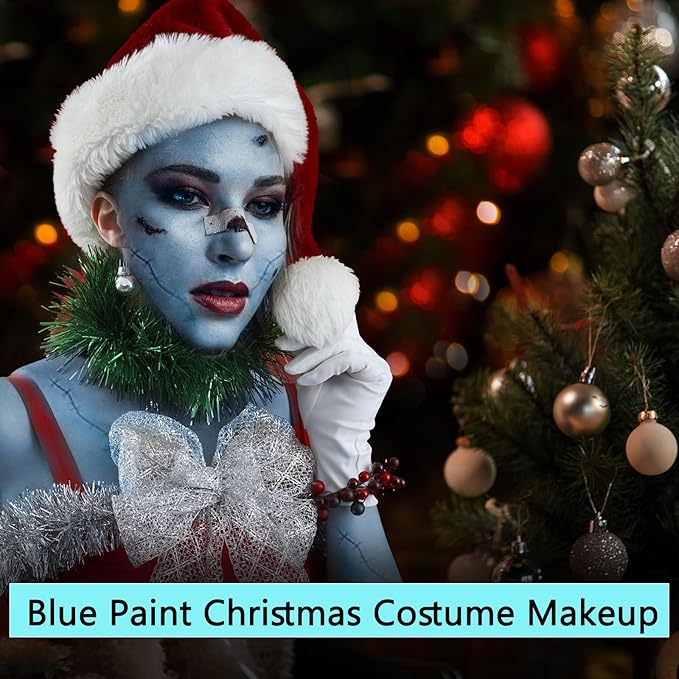 MEICOLY Sally Makeup Kit,Professional Sally Costume Corpse Bride Makeup,Light Blue Face Paint and Setting Powder Halloween Makeup Kit,Sally Face Cosplay,Liquid Eyeliner+False Eyelash+Lipstick+Sponges