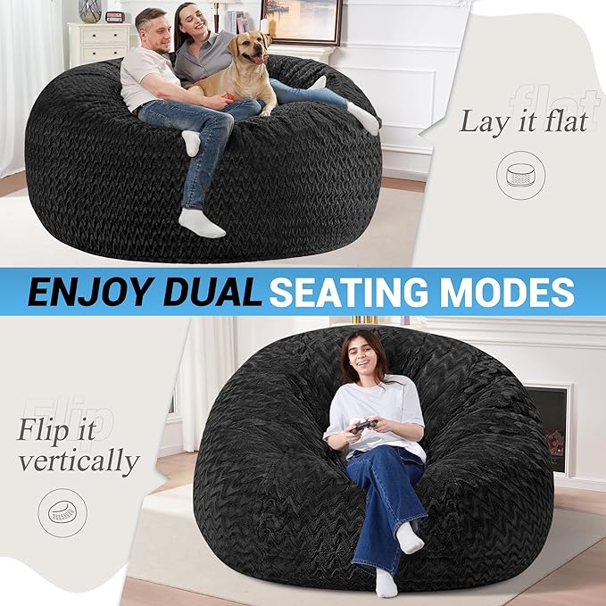 HABUTWAY 6FT Bean Bag Chair,Giant Bean Bag Chairs for Adults,Big Bean Bags with Memory Foam Filled, Large Beanbag Chairs with Chevron Plush Cover-Black