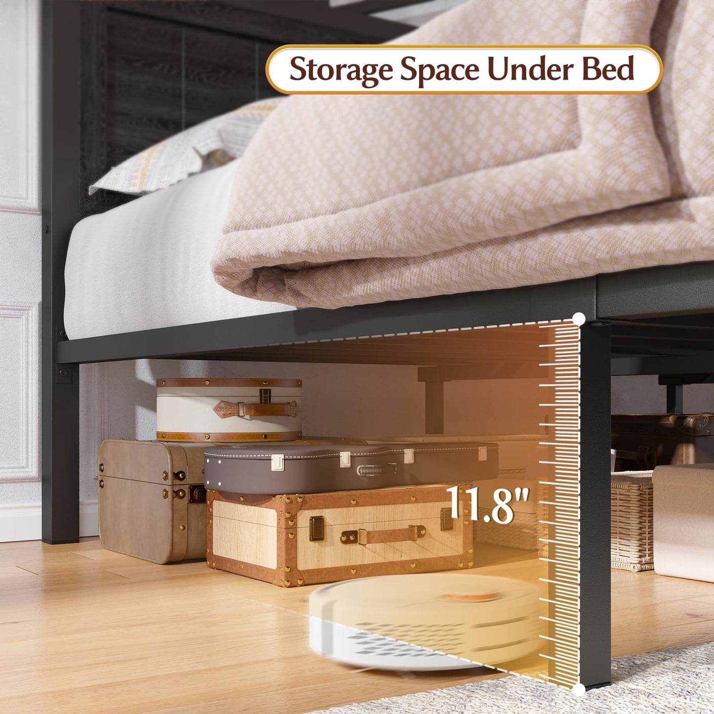 EnHomee Full Size Bed Frame with 2 Storage Drawers and Headboard Built in Charging Station & LED Light,NO Noise,No Box Spring Needed,Black