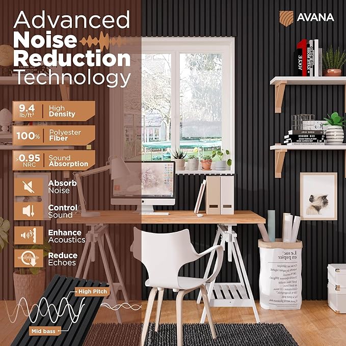 Avana Acoustic Wood Wall Panels – 94.4 x 12.6 Inch Black Oak Acoustic Panels 4 PCs – Wall Panels For Interior Wall Decor For Homes, Offices, Studios – Pleasing Decorative Wood Panels For Wall