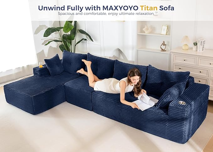 MAXYOYO 132" Oversize Modular Sectional Couch with L-Shape Chaise, Modern Boneless Couch for Living Room, Sofa in A Box, Oversized Sofa Sleeper with Deep Seat, No Assembly Required, Navy