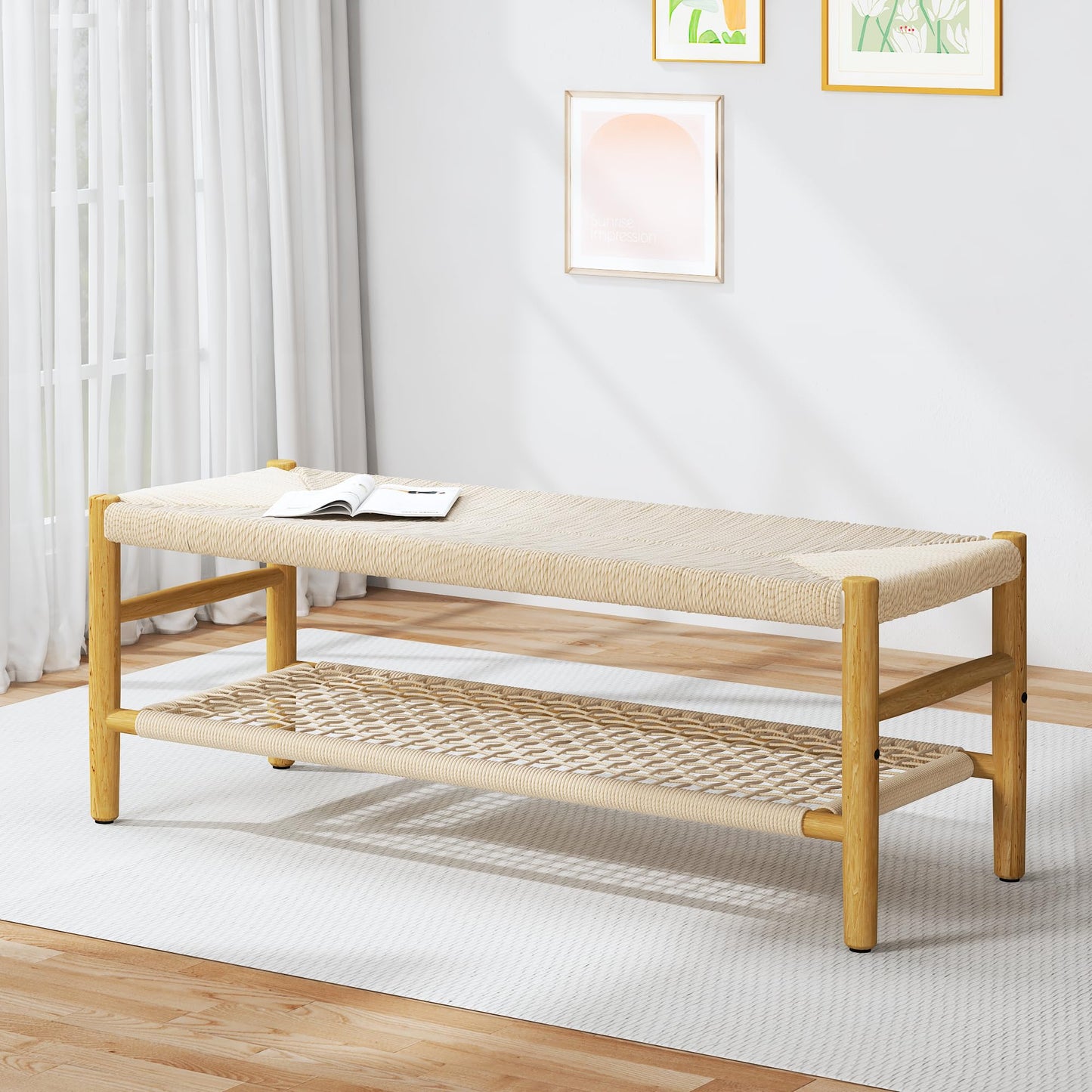 DKLGG Entryway Storage Bench with Mesh Shelf, Indoor Storage Bench Entrance Bench with Paper Cord & Rubber Wood Legs, Narrow Bench Boho Bench Dining Room Bench for Entryway, Living Room, Bedroom