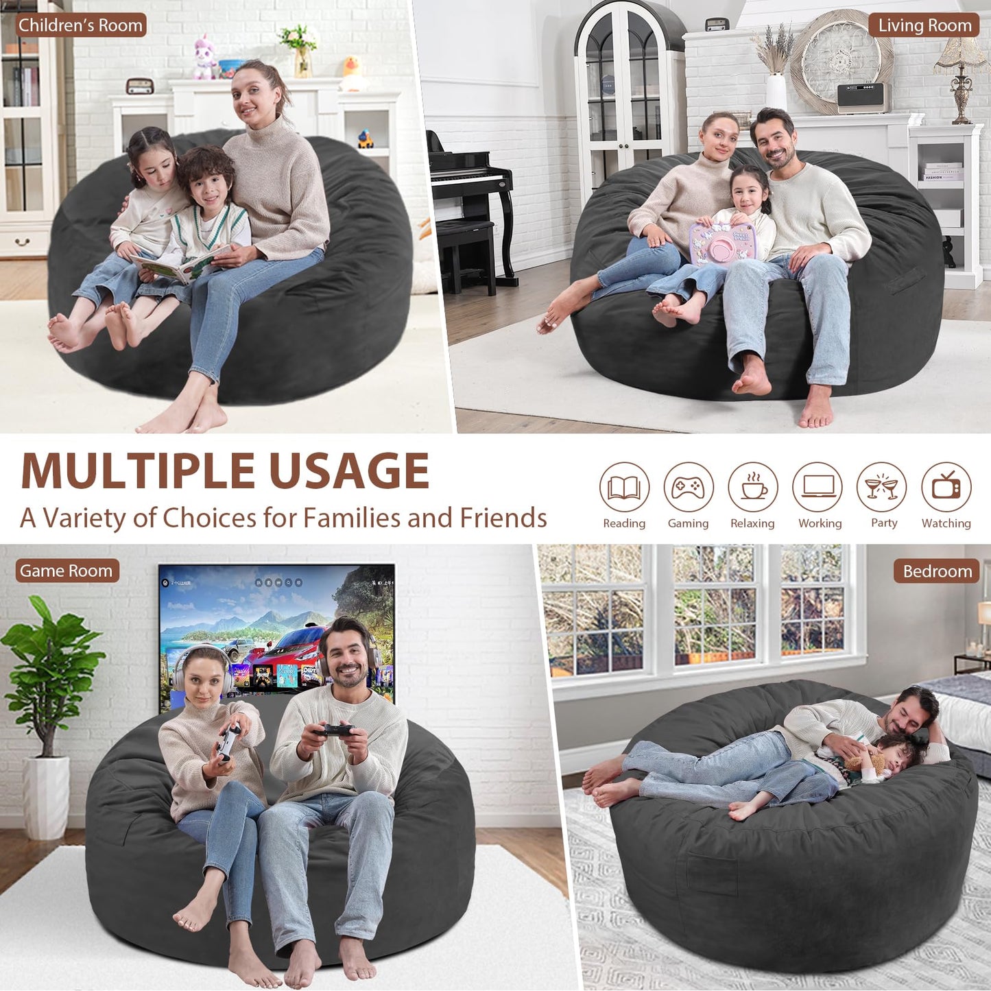 SIMFLAG 5FT Bean Bag Chair, Large Bean Bag Chairs with Memory Foam Filled, Fluffy Beanbag Sofa with Dutch Velvet Cover, Round BeanBag Chairs for Living Room, Playroom - Grey