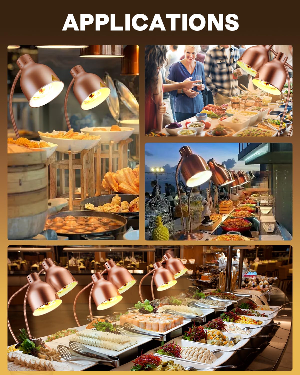 RVGMBO Food Heat Lamp - [3 Bulbs Included] [Rapid-Heating], 500W Commercial Food Warmer Light, Heat Lamp for Food, Catering Warming Lamp for Buffet Parties, Painted Copper,N2