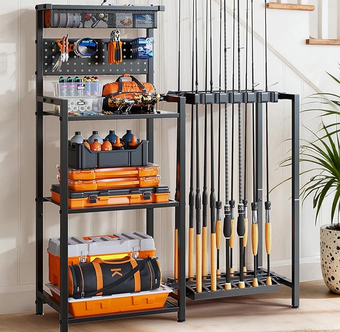 Fishing Rod Holders for Garage, Fishing Pole Rack with 3 Tier shelf, Heavy Duty Fishing Pole Holders with Pegboard and Bas...