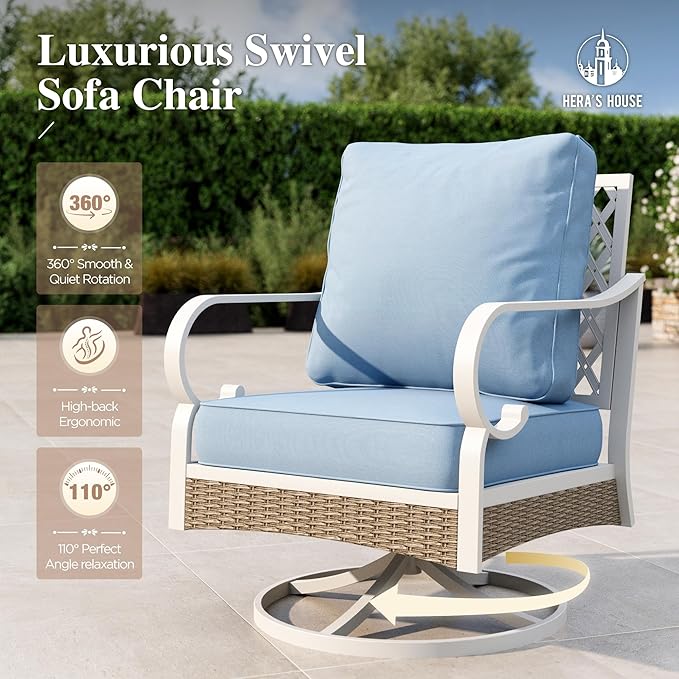 HERA'S HOUSE Patio Furniture Set with Metal & Rattan Design 4-Piece, 2 x Swivel Chairs, 1 x 3-Seat Sofa & Marble Coffee Table, All-Weather Outdoor Conversation Set for Garden Backyard Lawn, Blue