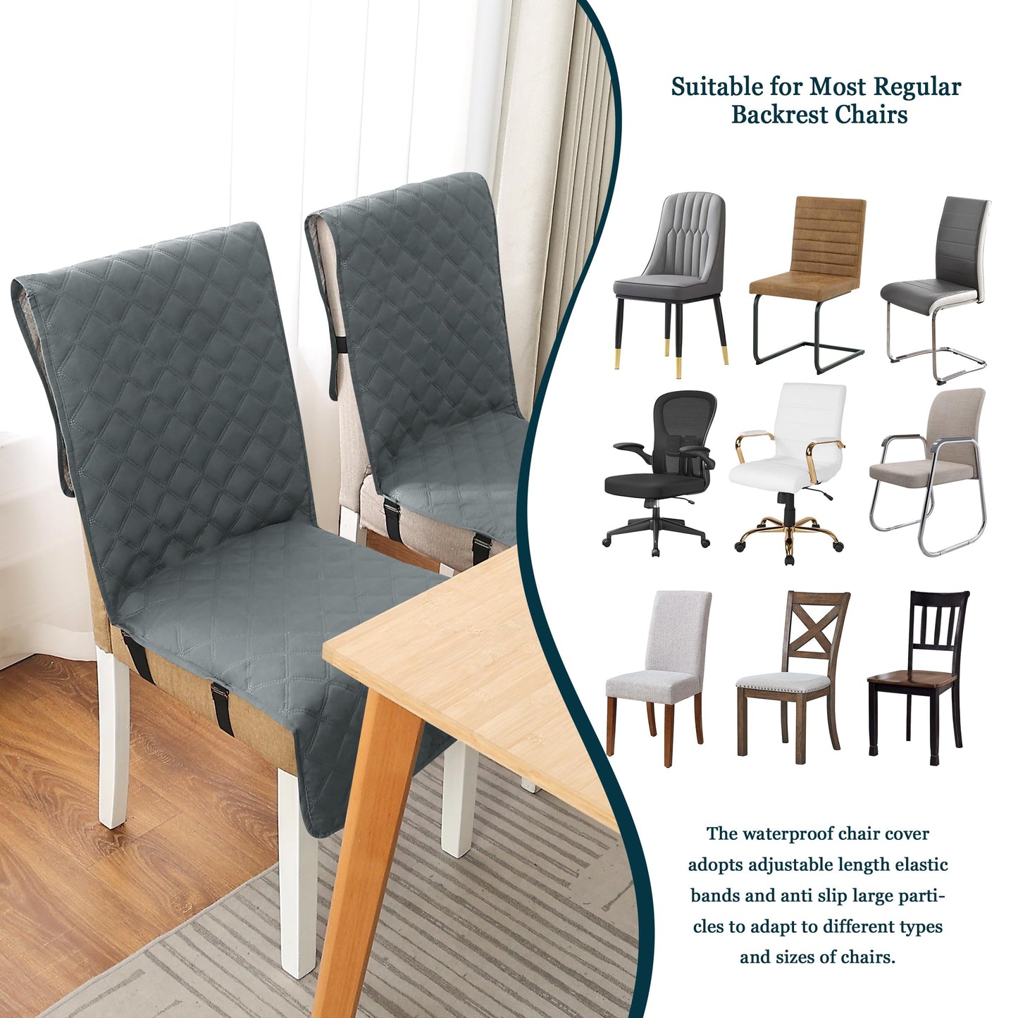 Yonus Waterproof Dining Chair Cover Office Chair Cover Water Resistant Dining Room Chair Cover Kitchen Chair Slipcover Computer Chair Cover with Anti-Slip Buckle (Grey, 1PCS)