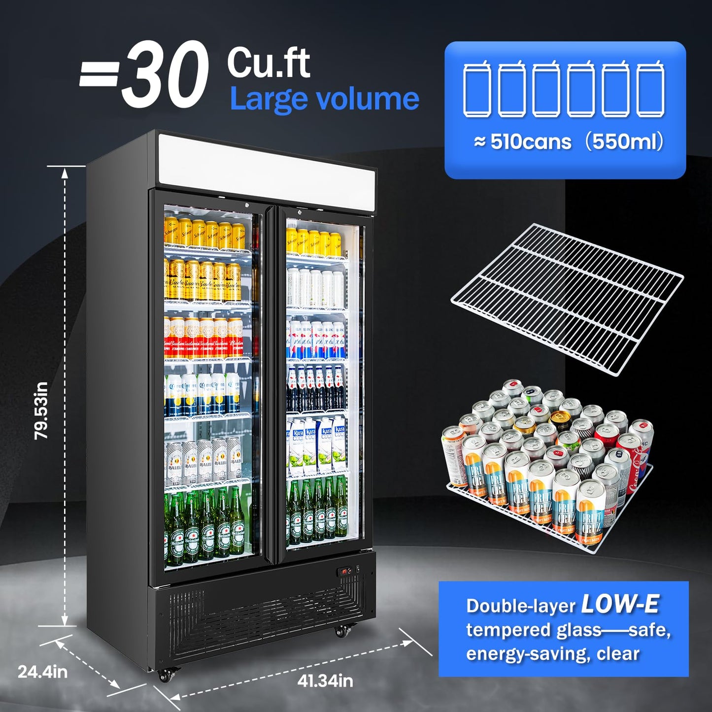 BINGERMA Commercial Merchandiser Display Refrigerator with 2 Glass Doors 30 Cu.ft Beverage Back Bar Cooler Black Drink Fridge for Convenience Stores, Supermarkets, Bars, Offices