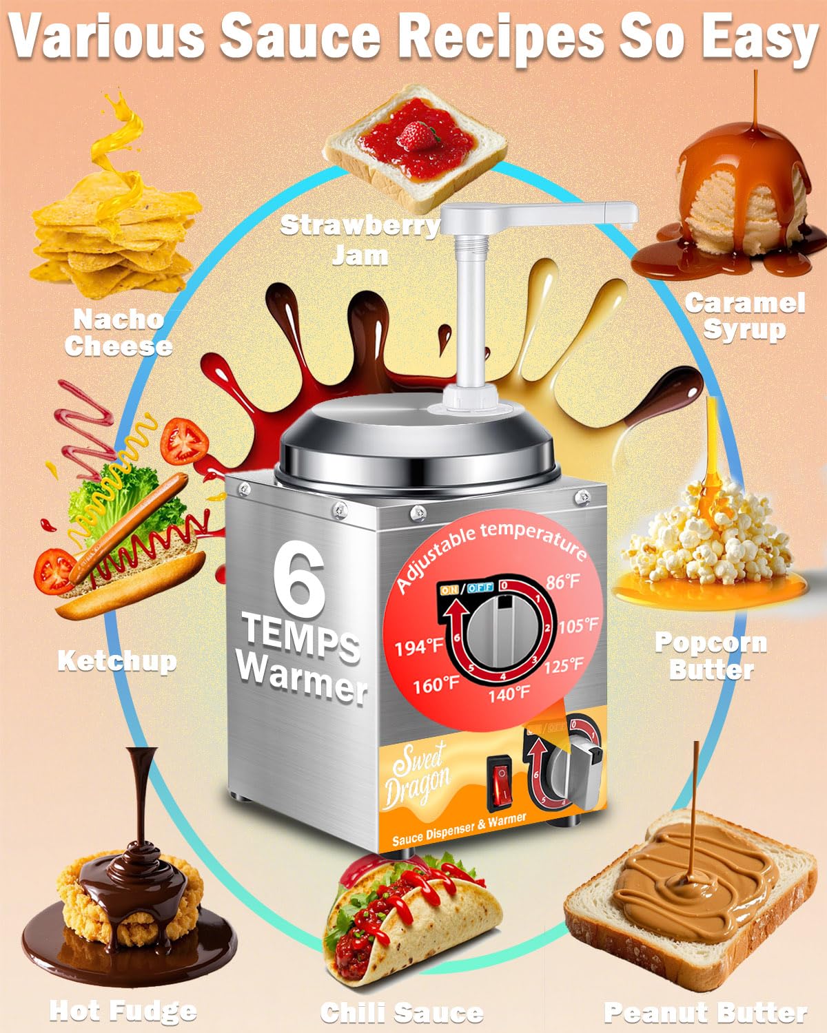 Nacho Cheese Dispenser with Pump, 2.8 Qt Nacho Cheese Warmer, Stainless Steel Hot Fudge Cheese Melter Warmer W/6-Level Temperature Adjustment, Commercial Sauce Dispenser for Butter Syrup Caramel