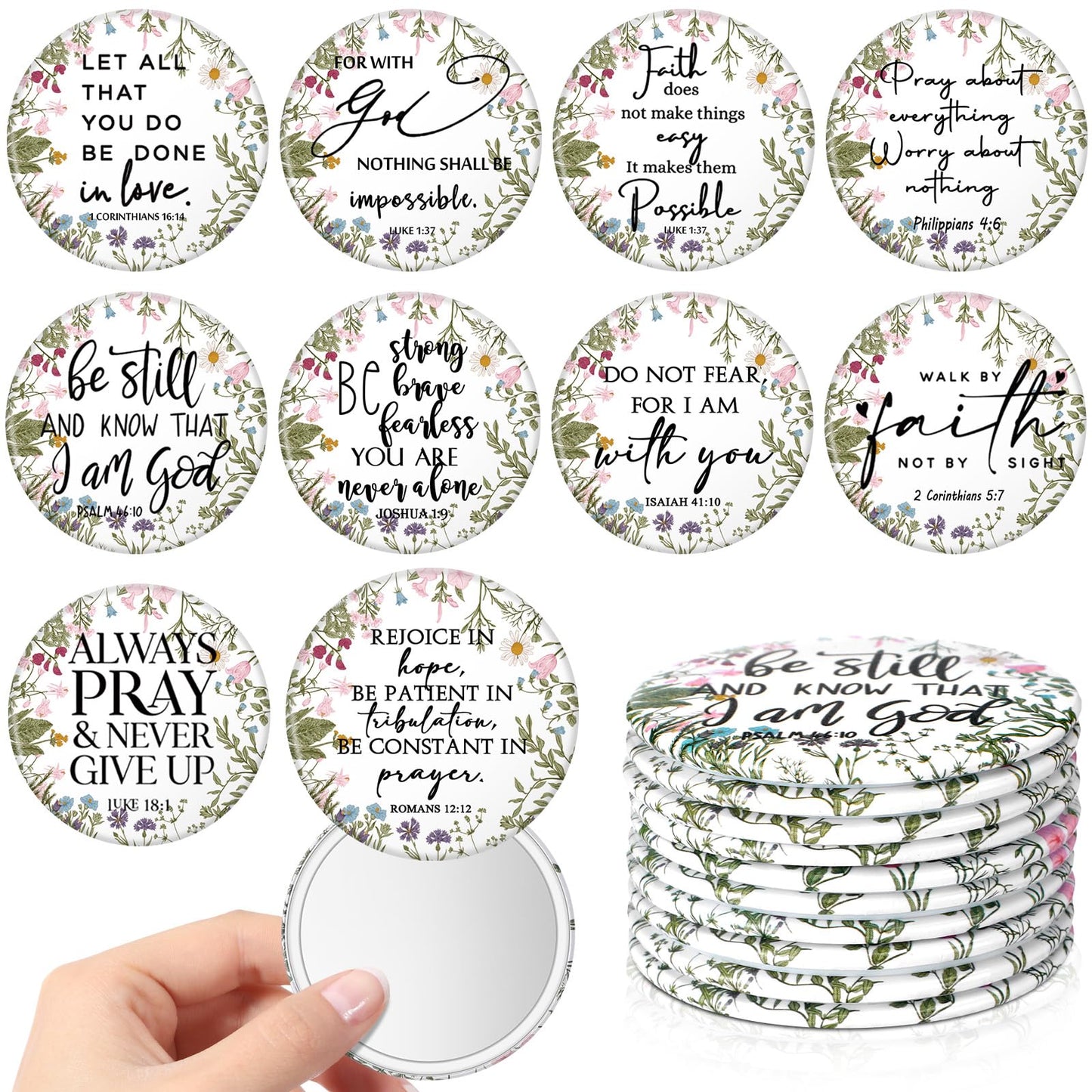 GlikCeil 20 Pcs Mini Wildflower Bible Verse Compact Mirrors Bulk Religious Christian Pocket Purse Mirrors Small Church Gifts for