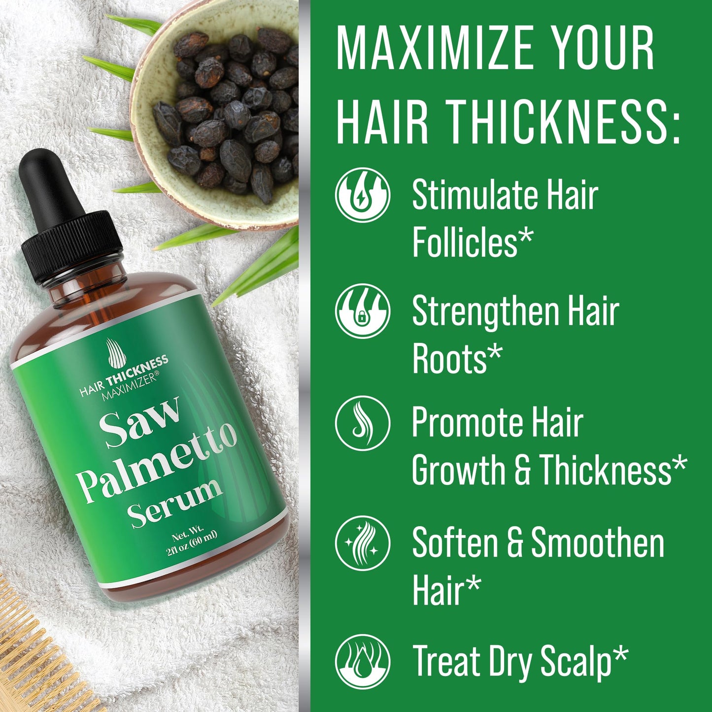 Saw Palmetto Serum for Hair Growth and Thickening - With Rosemary, Peppermint, Pumpkin Seed Oils. Vegan Moisturizing and Strengt