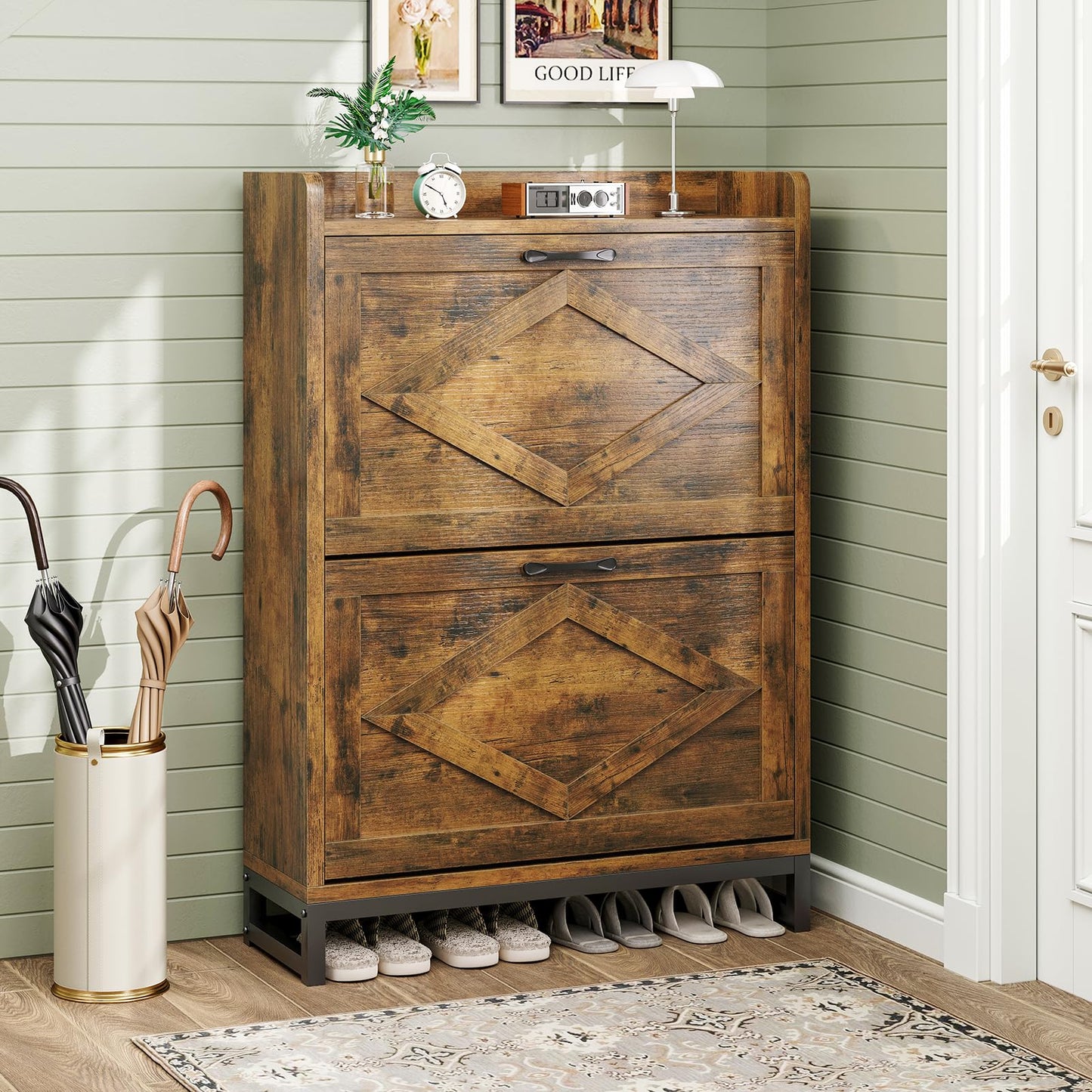 GRUSIGN Shoe Cabinet, Shoe Storage Cabinet with 2 Flip Drawers & Adjustable Shelf, Space-Saving Shoe Organizer – Holds 12+ Pairs, Narrow Shoe Cabinet Storage for Entryway/Hallway（Brown） by Boahaus