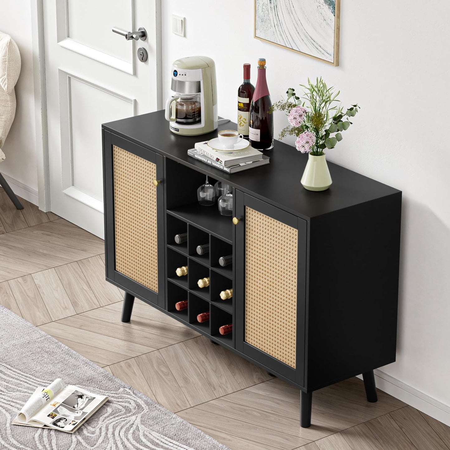 Giluta Kitchen Island - Farmhouse Coffee Bar Cabinet Kitchen Sideboard Cabinet Kitchen Cupboard Buffet Cabinet with Storage for Dining Room, Black