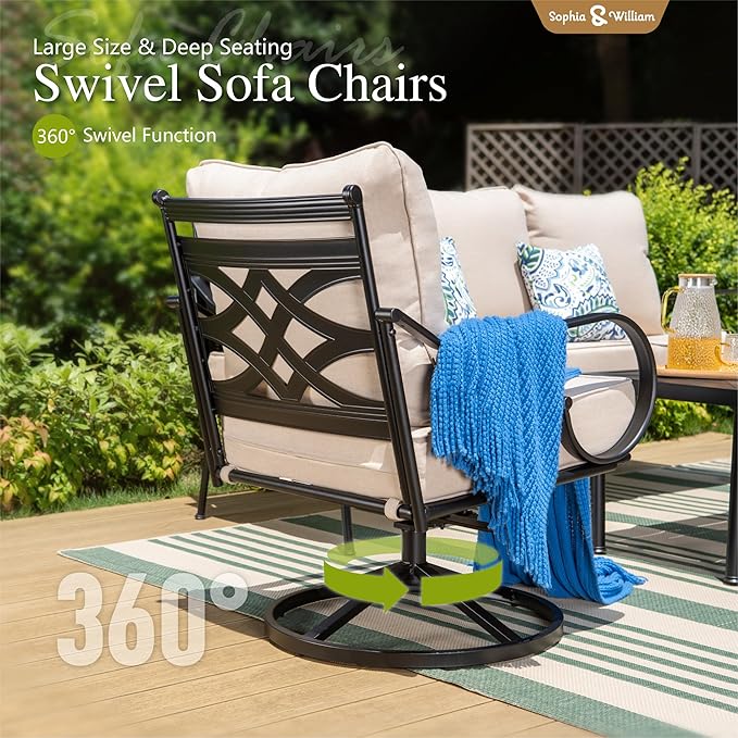 Sophia & William 6 Piece Patio Furniture Set Outdoor Couch Sofa, Backyard Patio Conversation Sets 7 Seat Clearance with 3-seat Sofa x 1, Swivel Chair x 4, Metal Coffee Table x 1 for Porch Lawn, Beige