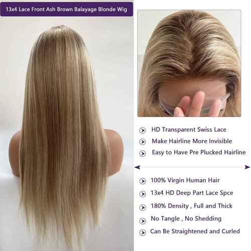 Ash Blonde Highlights Wig Ash Brown Rooted Balayage Ash Blonde Highlighted Lace Front Wigs Human Hair Pre Plucked 13x4 HD Lace Frontal Human Hair 16 Inch 180% Density Highlights Wigs for White Women