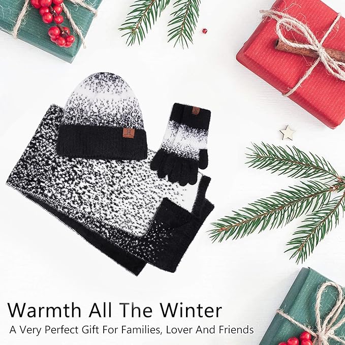 Womens Winter Knit Beanie Hats and Touchscreen Gloves Long Scarf Set with Warm Fleece Lined Skull Caps Scarves for Women