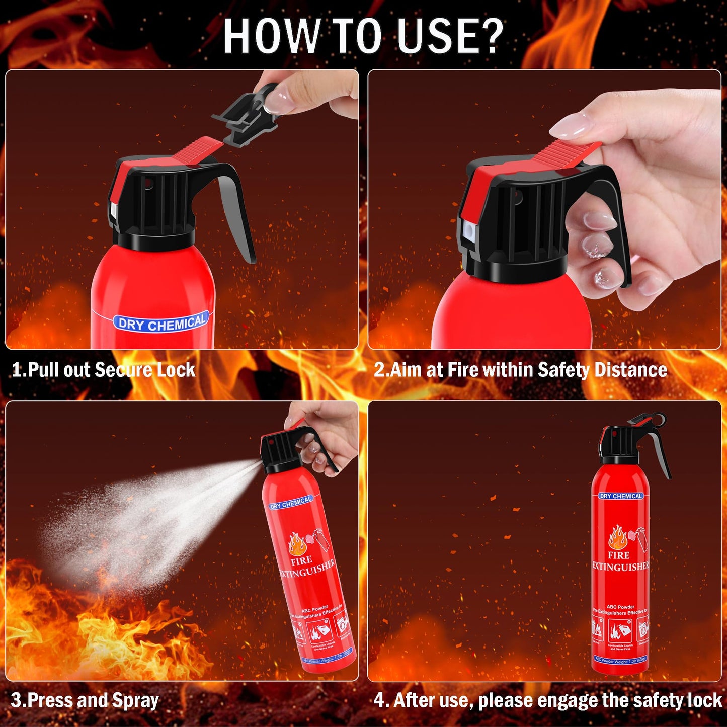 4 Pack ABC Fire Extinguishers for Home & Vehicle, 600ml Dry Chemical Fire Extinguisher with Mounting Bracket – Ideal for Kitchen, Car, Boat, RV & Business Safety