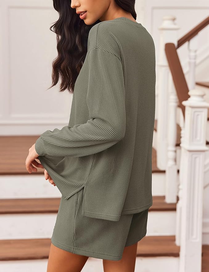 Ekouaer 2 Pieces Lounge Set for Women Long Sleeve Pajamas Top and Shorts Matching Sets Outfits with Pockets
