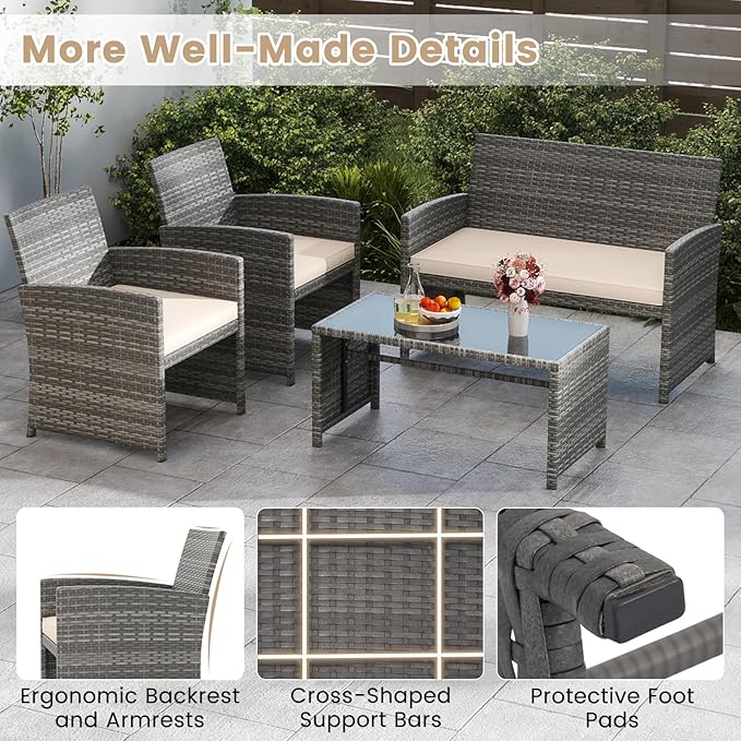Tangkula 4 Piece Patio Wicker Furniture Set, Outdoor Heavy Duty Rattan Cushioned Chairs, Loveseat and Tempered Glass Coffee Table, for Backyard, Balcony, Poolside