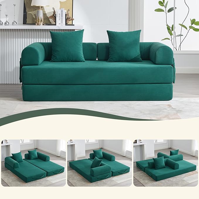 ZEIINPA Convertible Sleeper Sofa Bed, Folding Floor Sofa Bed with Fixed-Shape Frame, Corduroy Floor Sleeper Sofa with Storage Pocket, Futon Boneless Sofa Couch for Living Room, Emerald Green