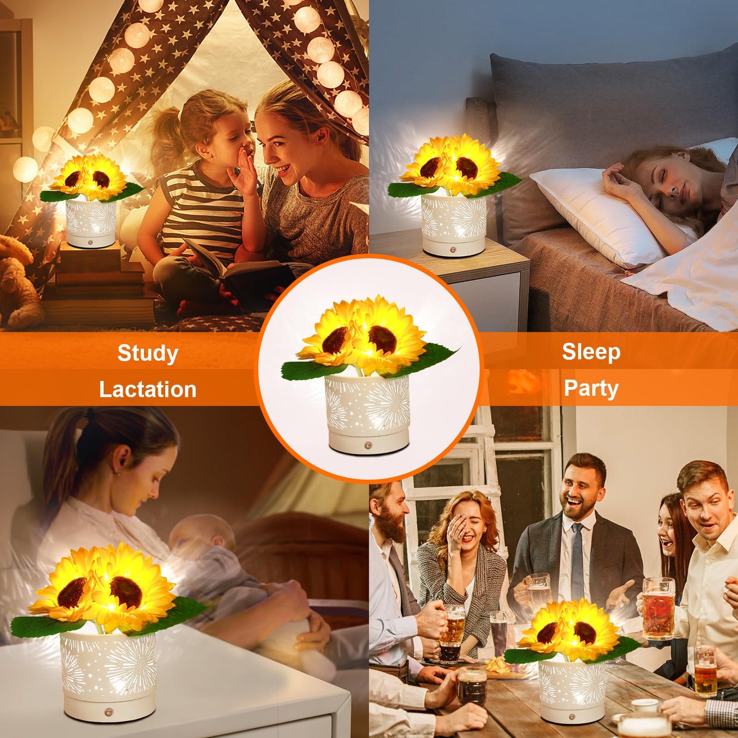 AMWGIMI Birthday Gifts for Women,Sunflower Flower Cordless LED Touch Table Lamp,3-Colour Infinitely Dimming Rechargeable Small Night Light for Festival,Restaurant,Bedroom,Office Decor Gifts for Mom