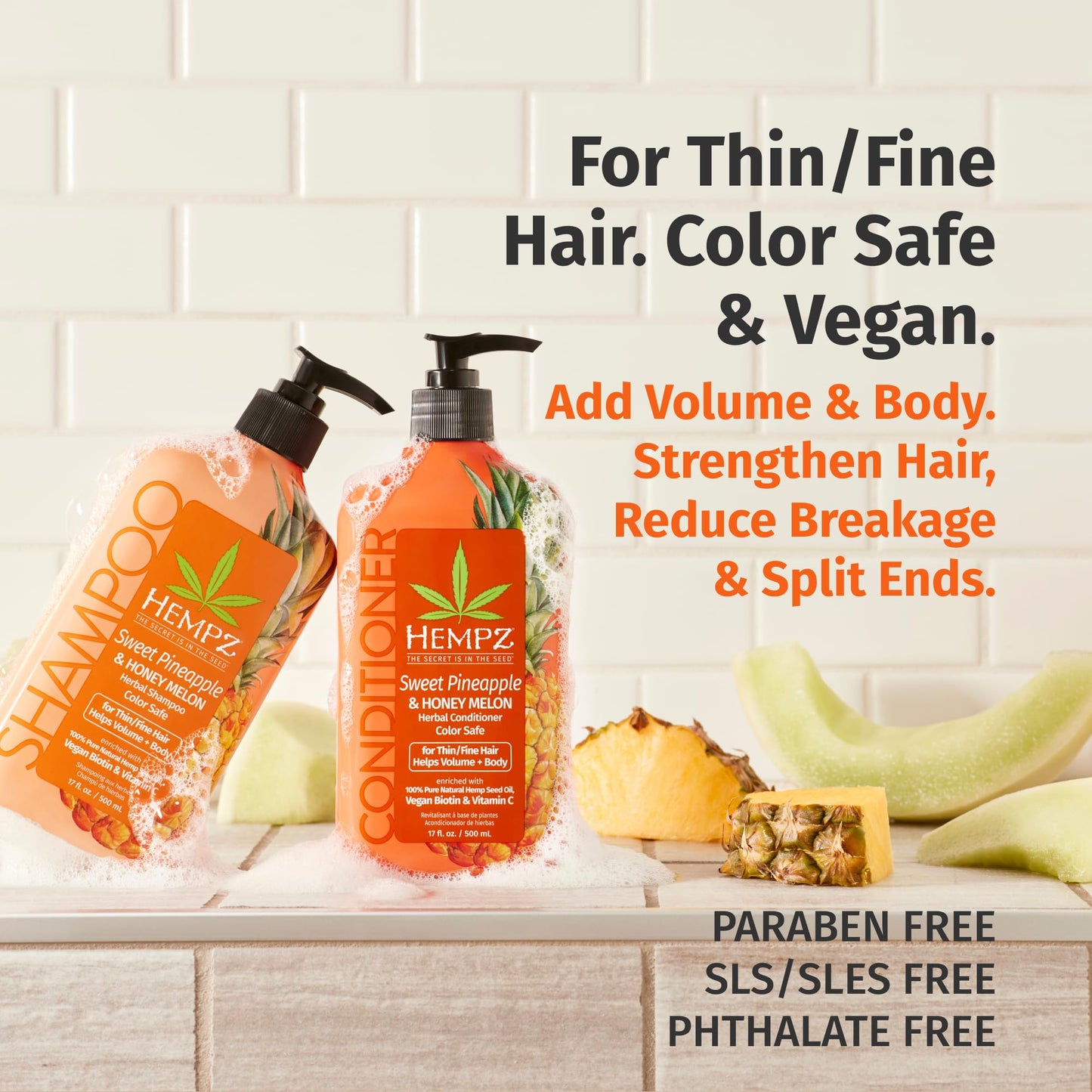 HEMPZ Hair Shampoo & Conditioner Set - Sweet Pineapple & Honey Melon Scent for Thin/Fine Dry, Damaged and Color Treated Hair, Hy