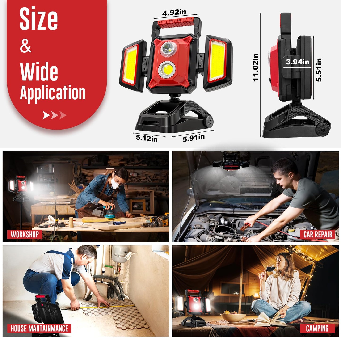 SYLSTAR 40W Rechargeable Work Light, 4000LM Magnetic Work Light, Foldable&360° Rotatable Led WorkLight with Big Clamp, 5 Light Modes, Waterproof Job Site Lighting for Garage Workshop Car Repairing