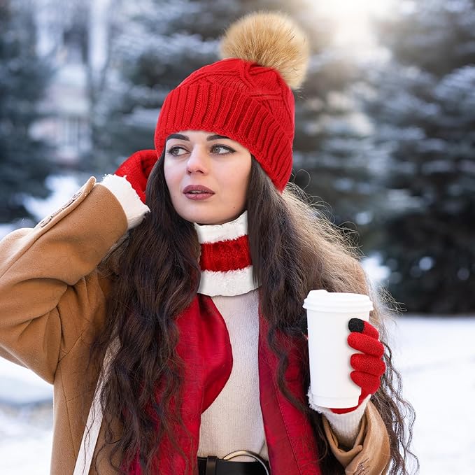 SATINIOR 5 Pcs Winter Hat Scarf Gloves Set Fleece Warm Lined Knit Beanie Hat Touch Screen Earmuff Gloves Warmer for Women(Red,Stylish Style)