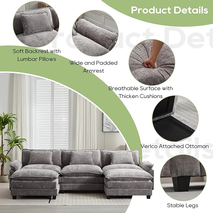 Oprisen 120" Modular Sectional Sofa, Comfy Cloud Couch Sectional Sofa with Ottoman, Chenille Sofa Sleeper Deep Seat Sofa with Throw Pillows for Living Room (Light Gray, 120"- U Shape)