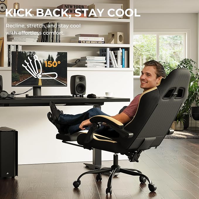 Gaming Chair with Footrest, Ergonomic 330lbs Leather Mesh Chair, Massage Lumbar Support, Adjustable Height & Headrest Pillow, Breathable Seat for Office, Home, Streaming, Long Gaming Sessions, Gold