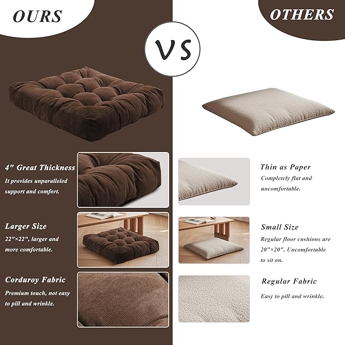 FlyGulls Meditation Floor Pillow 22×22 Inch 2 Pack Large Floor Cushions for Adults Square Tufted Corduroy Floor Pillows for Yoga Living Tatami Room Coffee