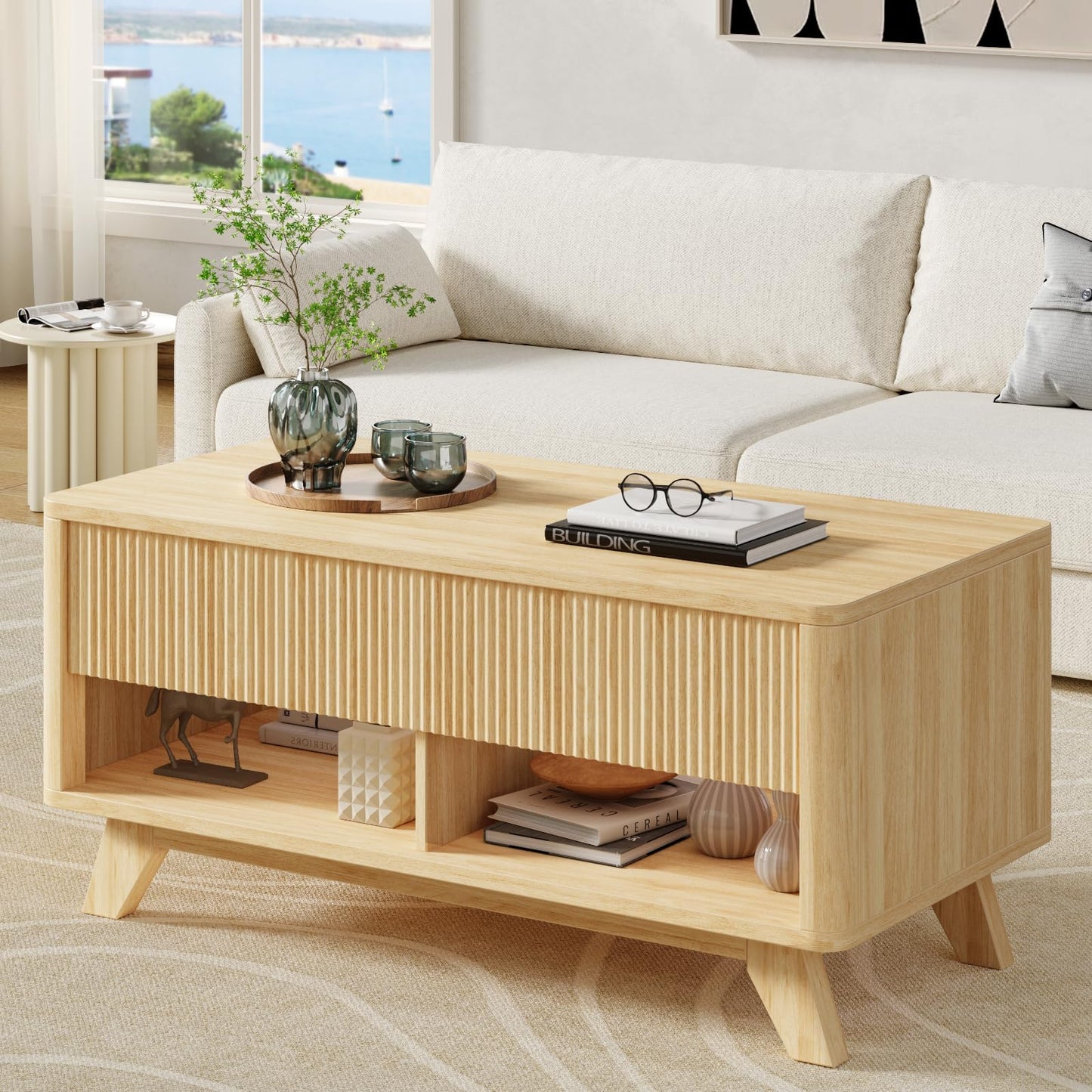 ONBRILL Farmhouse Lift Top Coffee Table, Mid Century Modern Coffee Table with Hidden Storage Compartment, Fluted Rising Pull up Wood Modern Center for Living Room, Office, Natural Oak