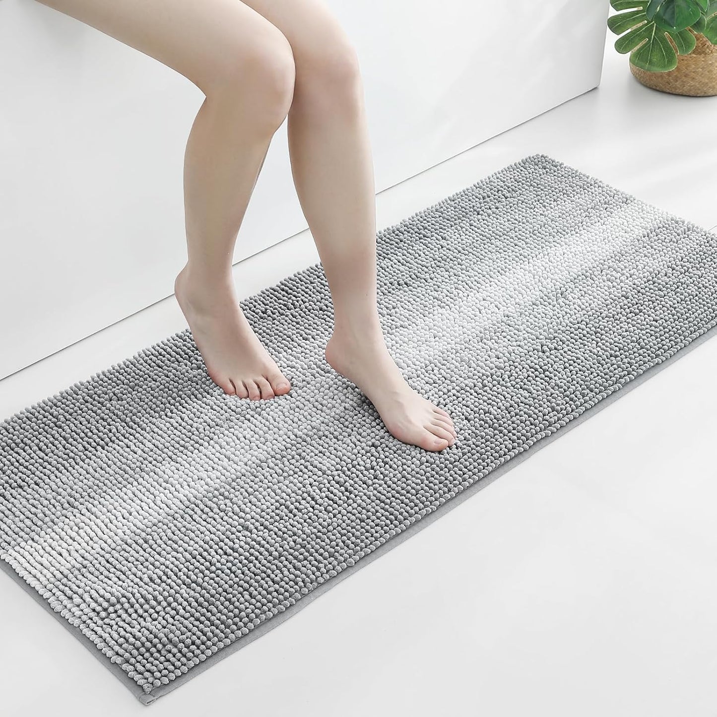 Gibelle Long Bathroom Rugs, Luxury Chenille Bath Mat, Small Non Slip Shower Rug and Bath Room Floor Mats, Machine Washable, Quick Dry Bathmat, Soft Cozy Plush Rug for Tub, 20" x 47", Grey