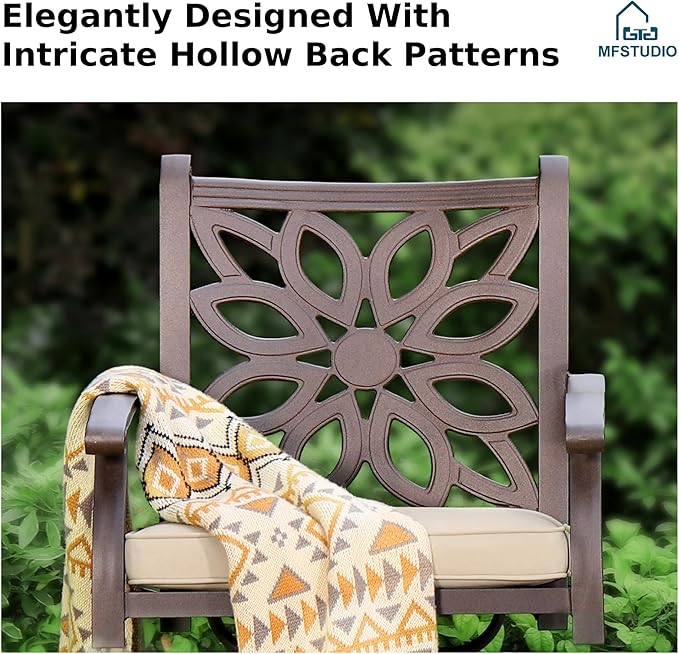 MFSTUDIO Outdoor Dining Chairs Set of 2, Cast Aluminum Patio Swivel Chairs with Wide Seat and 2.8’’ Cushion, Brown Metal Outdoor Swivel Chair Set, Backyard, Deck, 350lbs