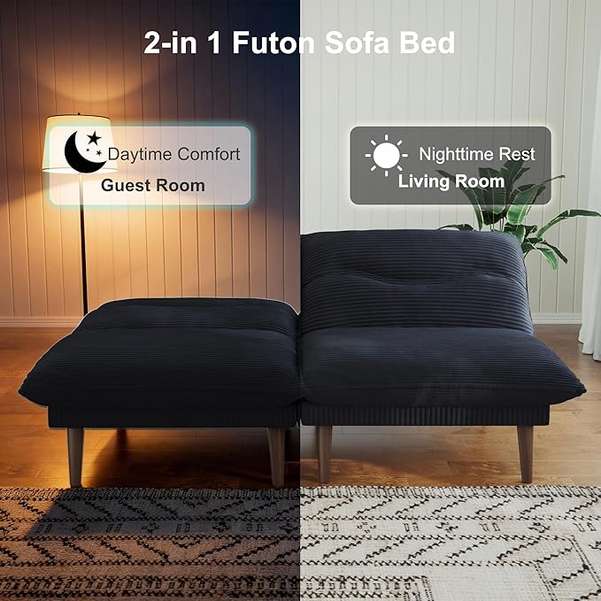 DreamDashio Futon Sofa Bed, 4 in 1 Multi-Functional Futon Couch with Adjustable Backrest, 75 inch Convertible Sleeper Sofa Bed and Recliner Lounge, Corduroy Loveseat for Living Room, Apartment, Black