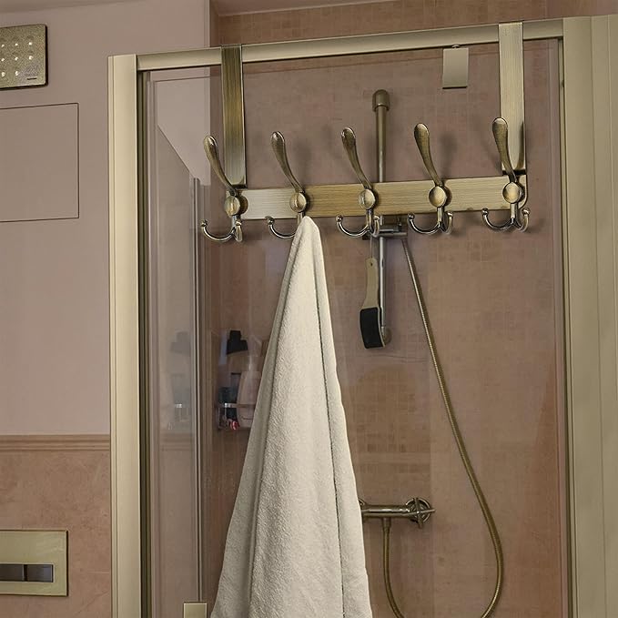Dseap Over The Door Hook Hanger - 5 Tri Hooks, Heavy Duty Over The Door Towel Rack Coat Rack for Clothes Hat Towel,Bronze