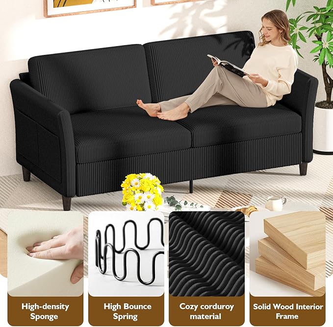 Valthie 79.1" Corduroy Loveseat Sofa, Modern Comfy Couches with Side Pocket, 3-Seater Sofa Couch for Living Room, Bedroom and Small Spaces,Black