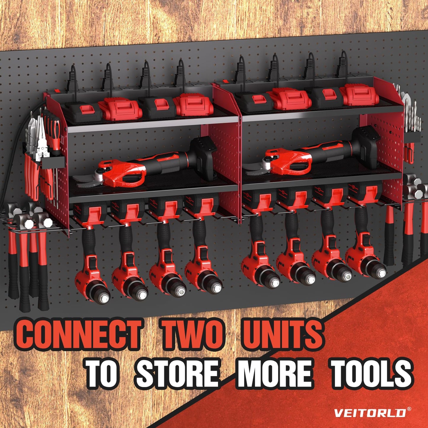 Veitorld Power Tool Organizer with Charging Station - 4 Drill Holders - Heavy Duty Modular Wall Mount Rack for Garage, Tool Storage Organizer - Christmas Birthday Gifts for Men Dad Him Husband