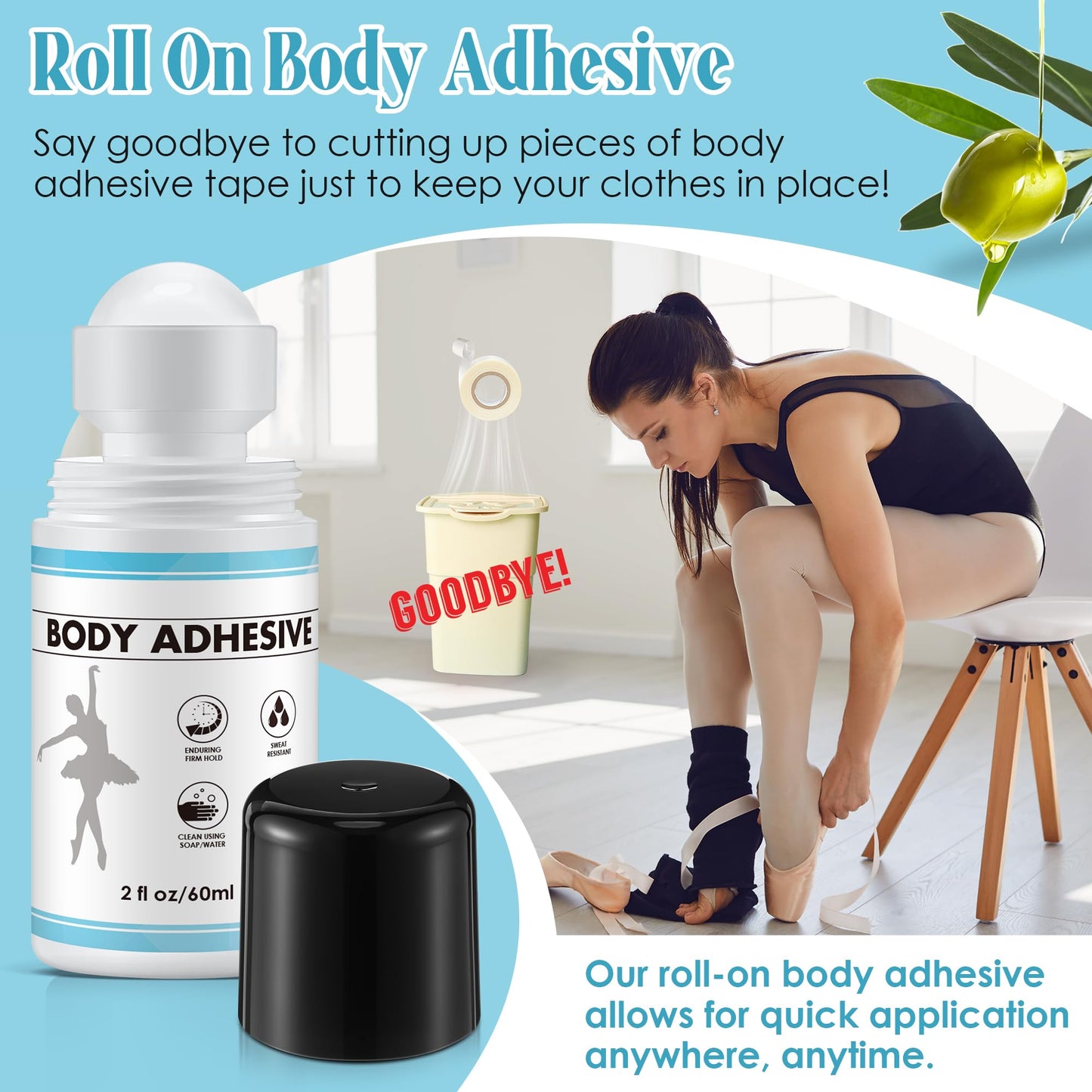ElectricWise 1 Pcs Roll On Body Adhesive for Dancers, Sweat Resistant Water Wash Off Body Glue for Skin & Clothing, Fashion Butt Glue Applicator for Compression Stocking, Bras, Residue Free, 2oz