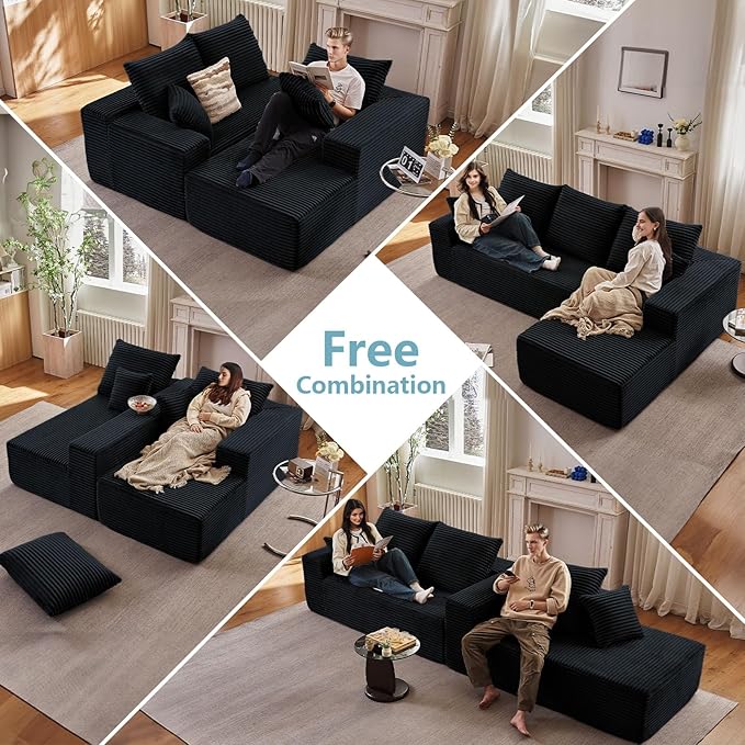 96" Cloud Sectional Couch with L-Shape Chaise, Modern Corduroy Boneless Couch for Living Room,Memory Foam Sofa with Deep Seat,No Assembly Required (Black,Right-Facing Chaise)
