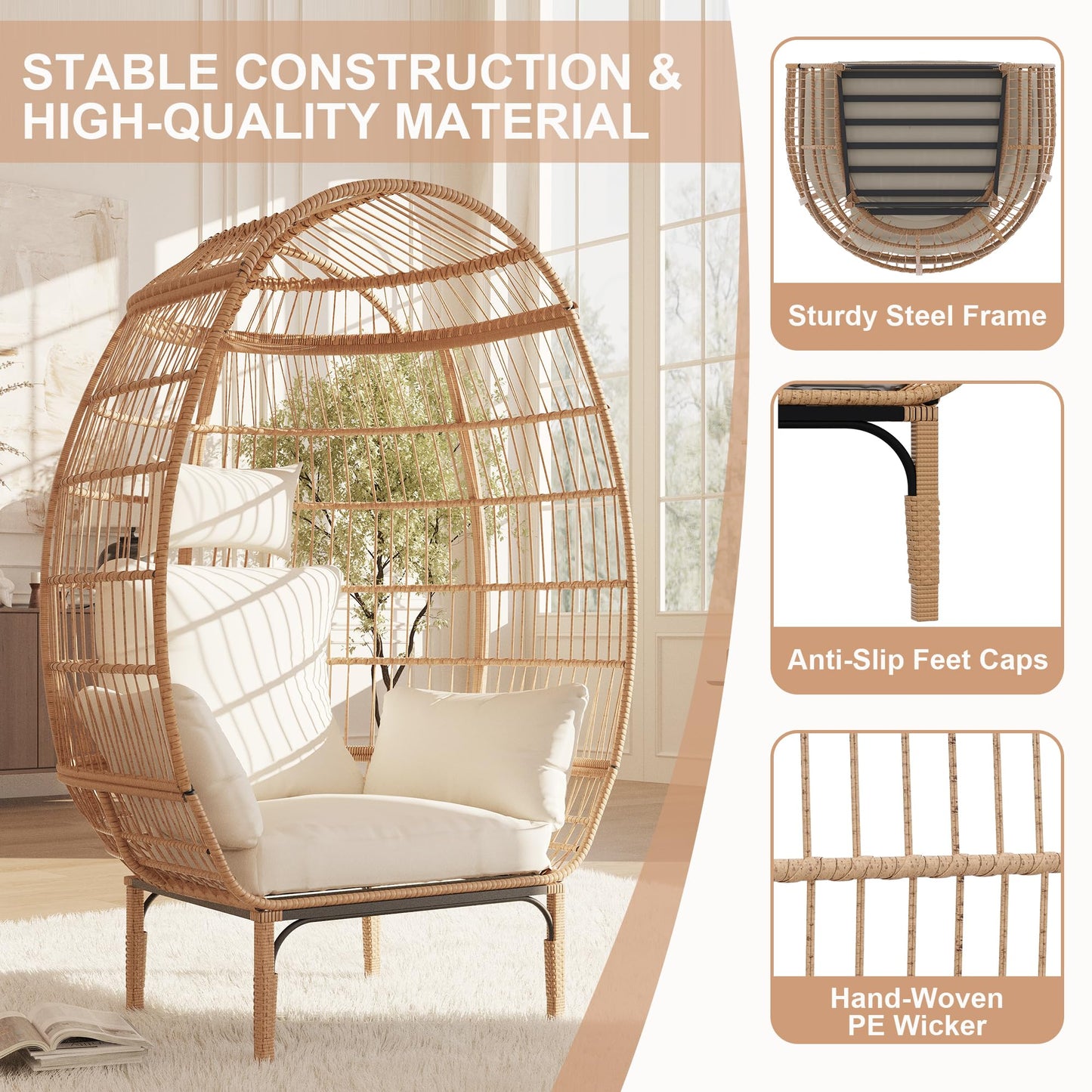 Reljofum 500 Lbs Capacity Oversized Wicker Egg Chair, All-Weather Rattan Egg Lounge Chairs for Patio, Backyard, Living Room, Outdoor Oversized Egg Chair Indoor w/5 Cushions