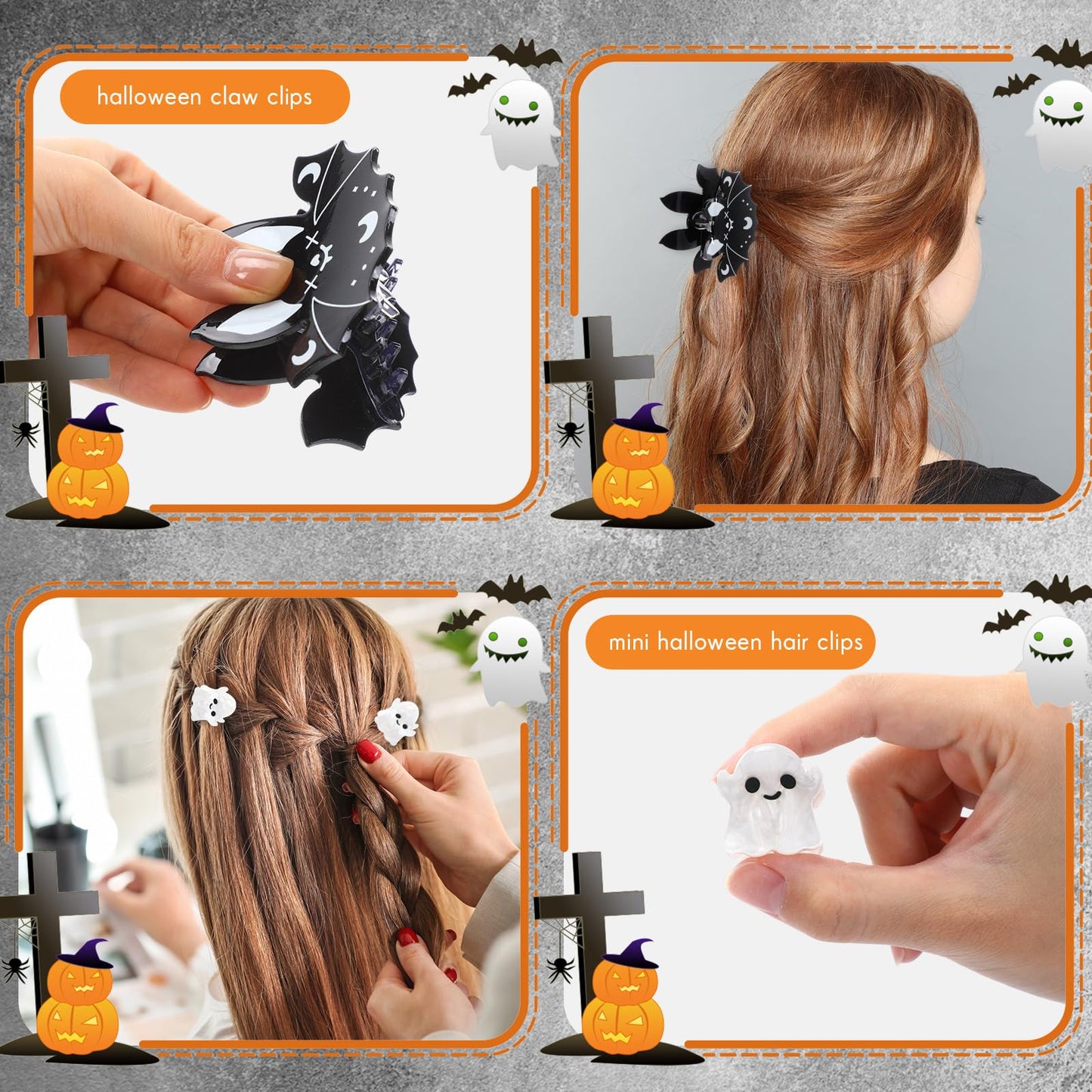 Capoda 11 Pcs Mini and Big Halloween Hair Claw Clips Set Ghost Bat Pumpkin Spider Web Candy Corn Designs Cute Hair Jaw Clips Acc