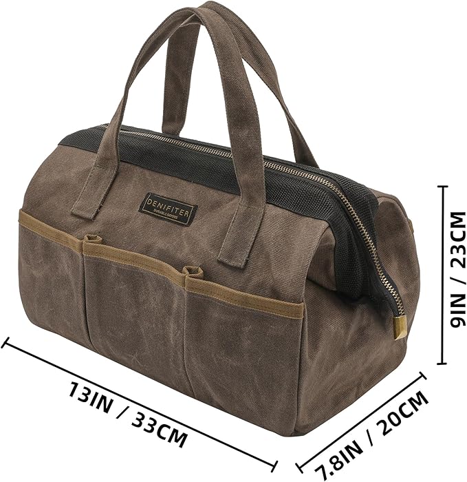 Tool Bag, 13-inch Heavy Duty 16oz Waxed Canvas Wide Mouth Water-Resistant Tool Bag, Tool Tote with Handle for Tools, Wrenches, Screwdrivers (13 X 7.8 X 9 inch) | Grey