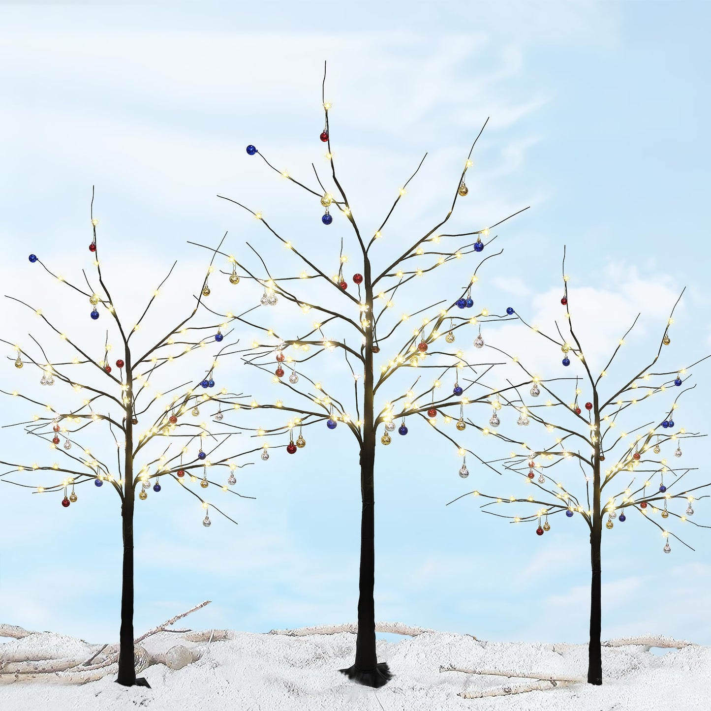 Lighted Birch Tree Set of 3, 4FT 5FT 6FT 200 LED Christmas Birch Tree with Decor Balls for Indoor Outdoor Home Christmas Easter Holiday Decoration
